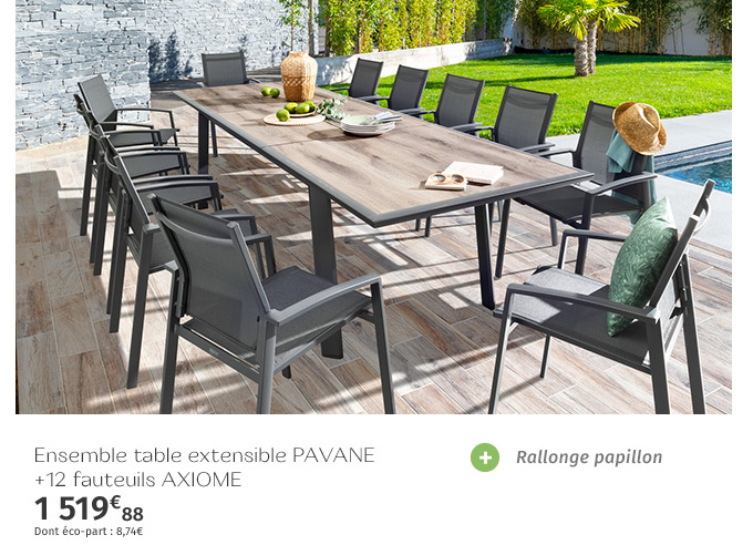 Ensemble table de jardin extensible Pavane + 12 fauteuils Axiome