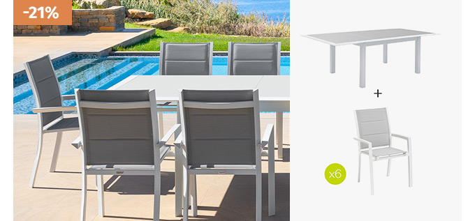 Ensemble table de jardin extensible Allure Gris & Blanc + 6 fauteuils Allure