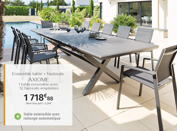 Ensemble table de jardin Axiome Ardoise granitée + 12 fauteuils Axiome