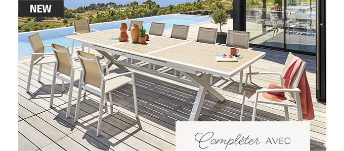 Table de jardin extensible AXIOME Effet bois Lin & Blanc