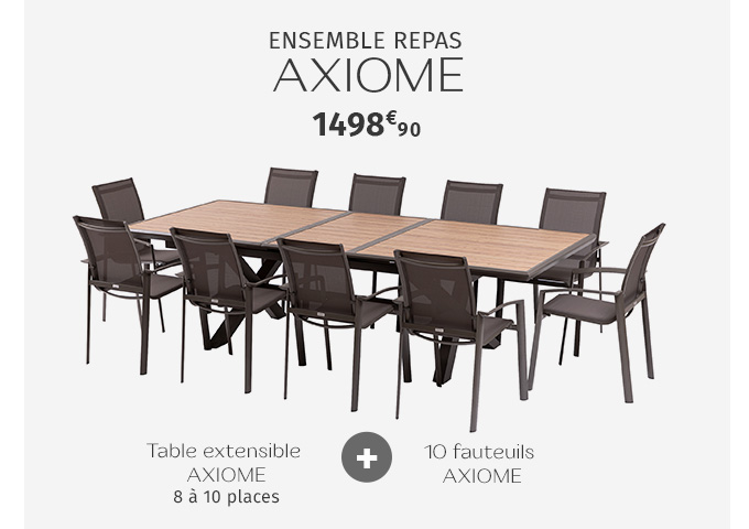 Ensemble table de jardin AXIOME Effet bois honey + 10 fauteuils AXIOME