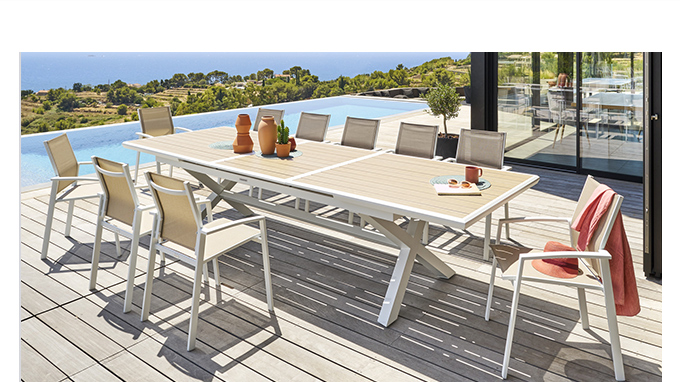 Table de jardin extensible AXIOME Effet bois Lin & Blanc