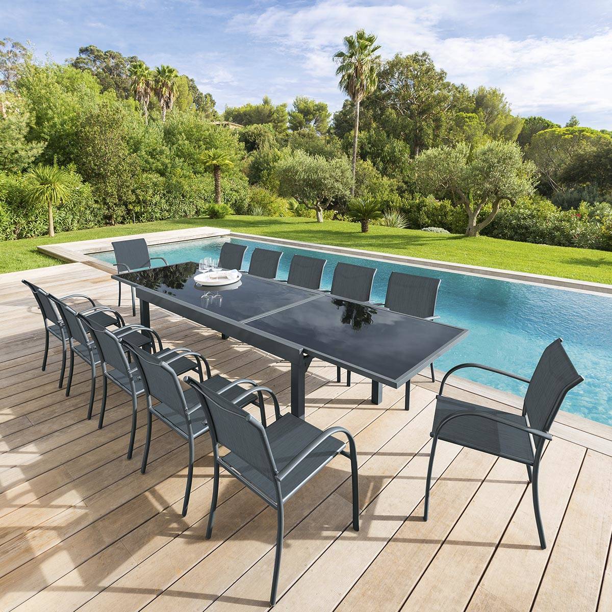 Table de jardin extensible PIAZZA Graphite 12 places - Aluminium traité époxy, Verre trempé Hespéride