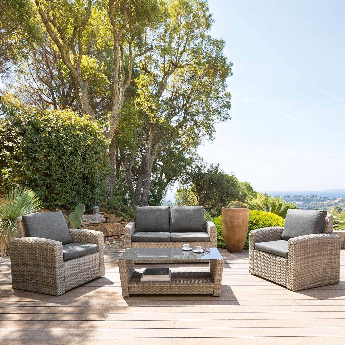 Salon de jardin POLYNÉSIA Havane 4 places - Aluminium traité époxy, Résine tressée synthétique, Polyester Hespéride