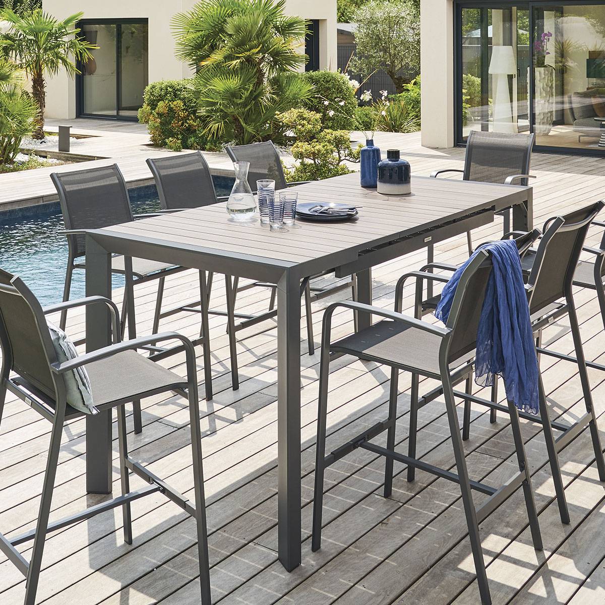 Table haute de jardin extensible ÉVASION Seigle effet bois   Graphite 8 places - Aluminium traité époxy Hespéride