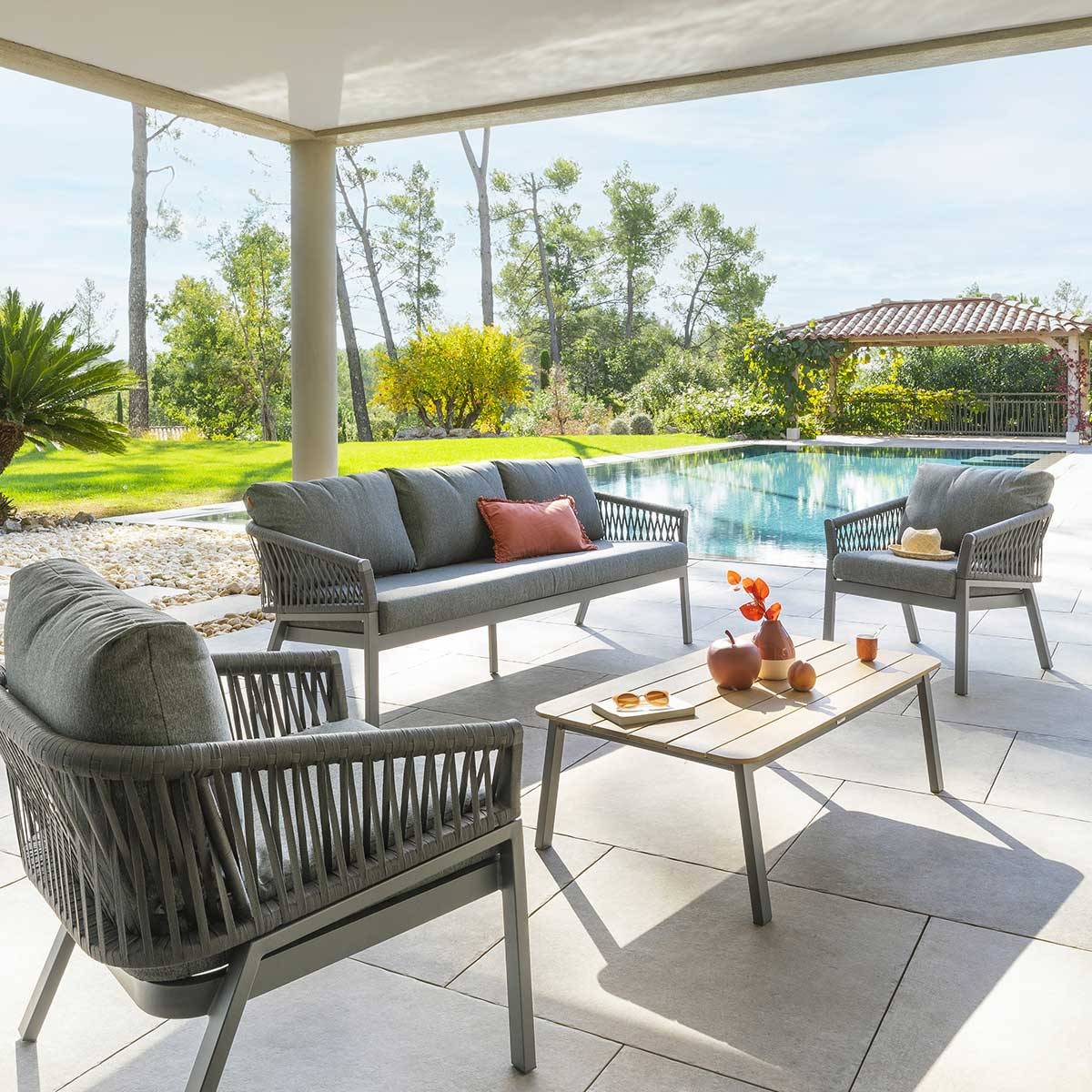 Salon de jardin ORIENGO Anthracite   Graphite 5 places - Aluminium traité époxy, Acacia certifié FSC®, Polyester Hespéride