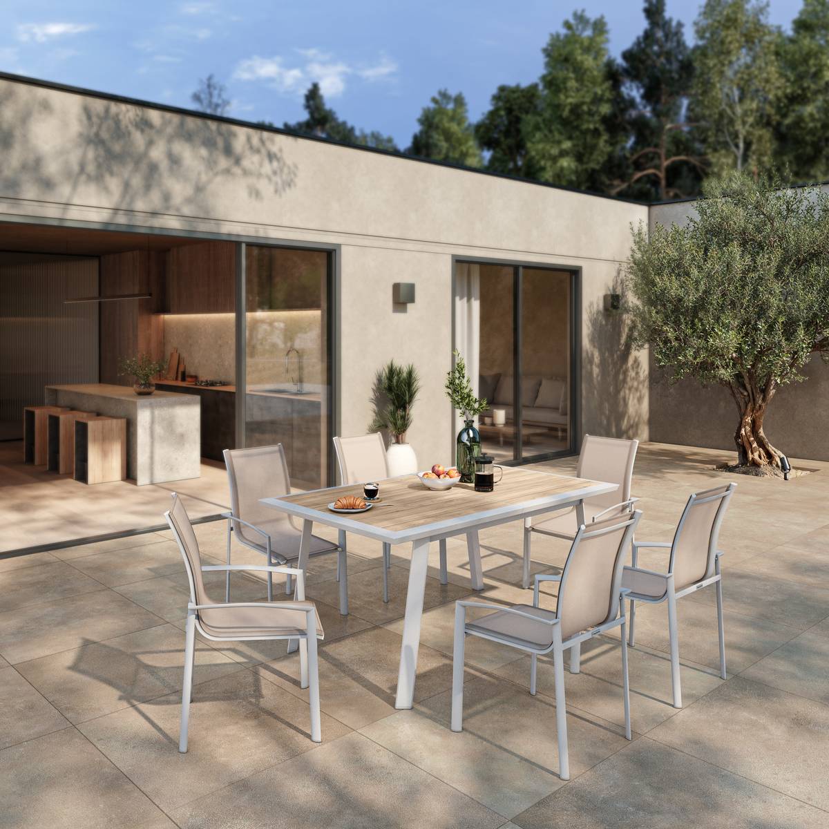 Fauteuil de jardin empilable AXANT Lin / Blanc Aluminium traité époxy, Texaline Hespéride