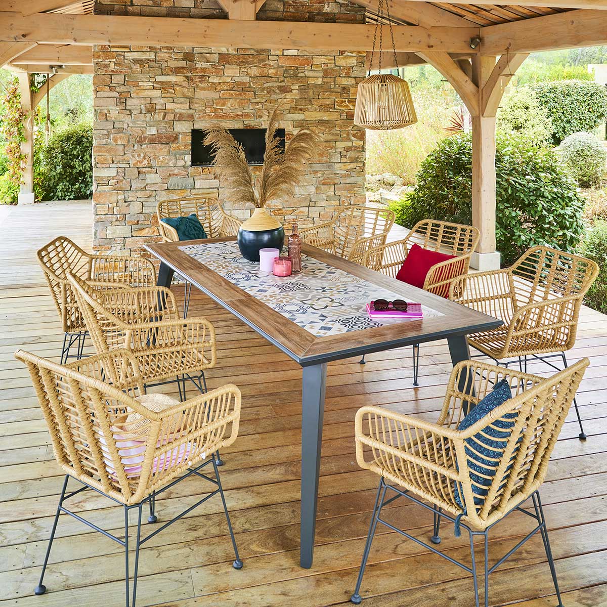 Ensemble table de jardin rectangulaire + 8 chaises LAMBADA Graphite places - Acier traité époxy, Céramique Hespéride