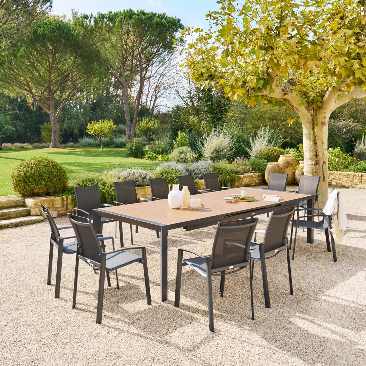 Table de jardin extensible ÉVASION Effet bois Honey   Graphite 14 places - Aluminium traité époxy, Lattes Hespéride