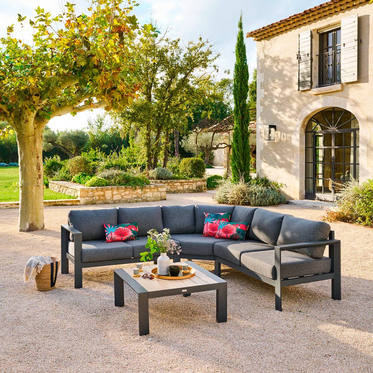 Salon d'angle de jardin ÉVASION Graphite   Honey 5 places - Aluminium traité époxy, Oléfine Hespéride