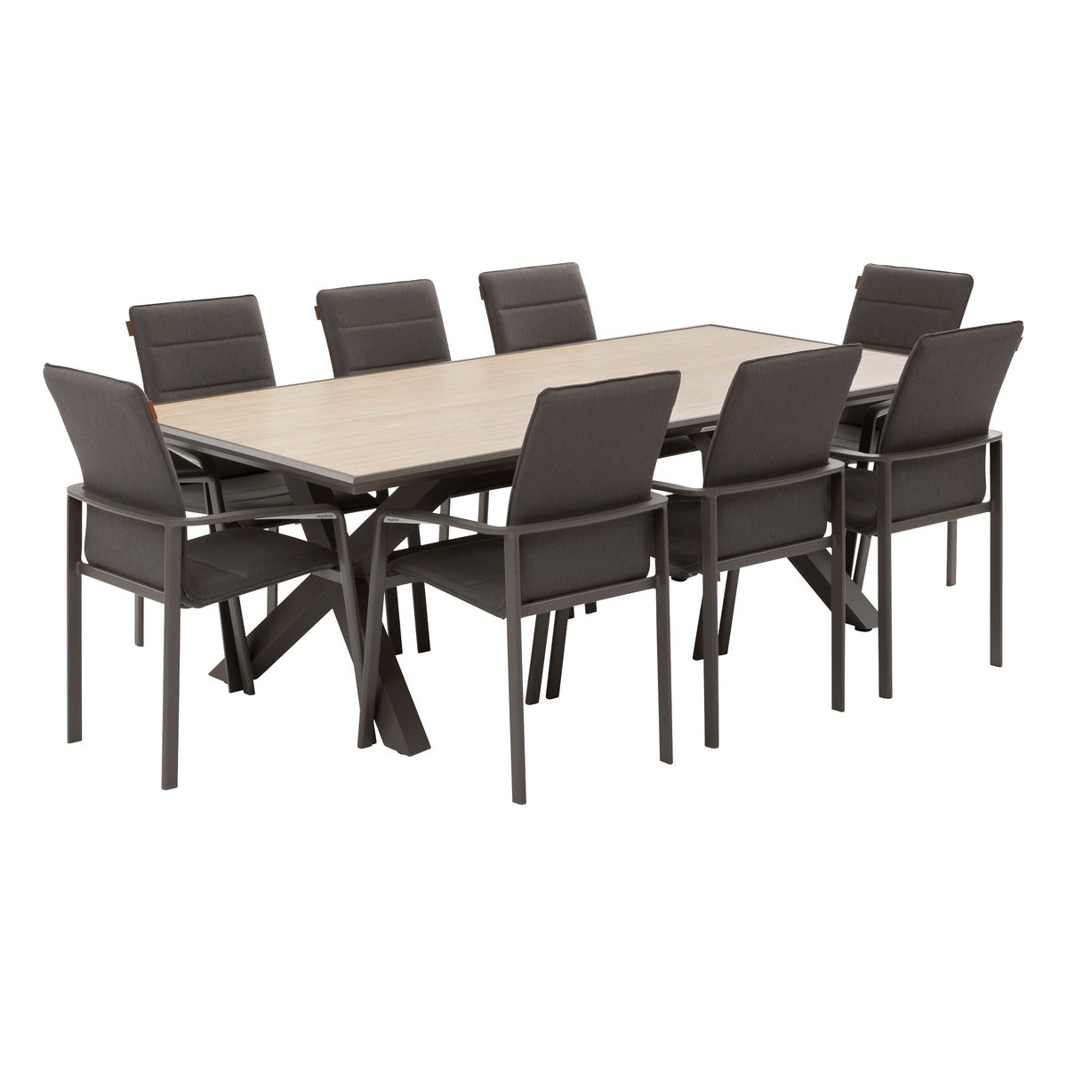 Ensemble table de jardin AXIOME Vanille   Marron + 8 fauteuils DIESE Praline places - Aluminium traité époxy, ECP Hespéride