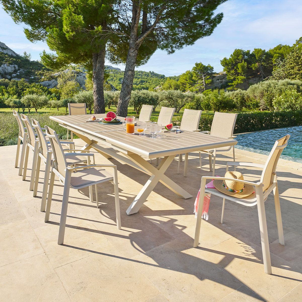Ensemble table de jardin extensible AXIOME + 10 fauteuils empilables AXANT Lin   Argile places - Aluminium traité époxy, ECP Hespéride