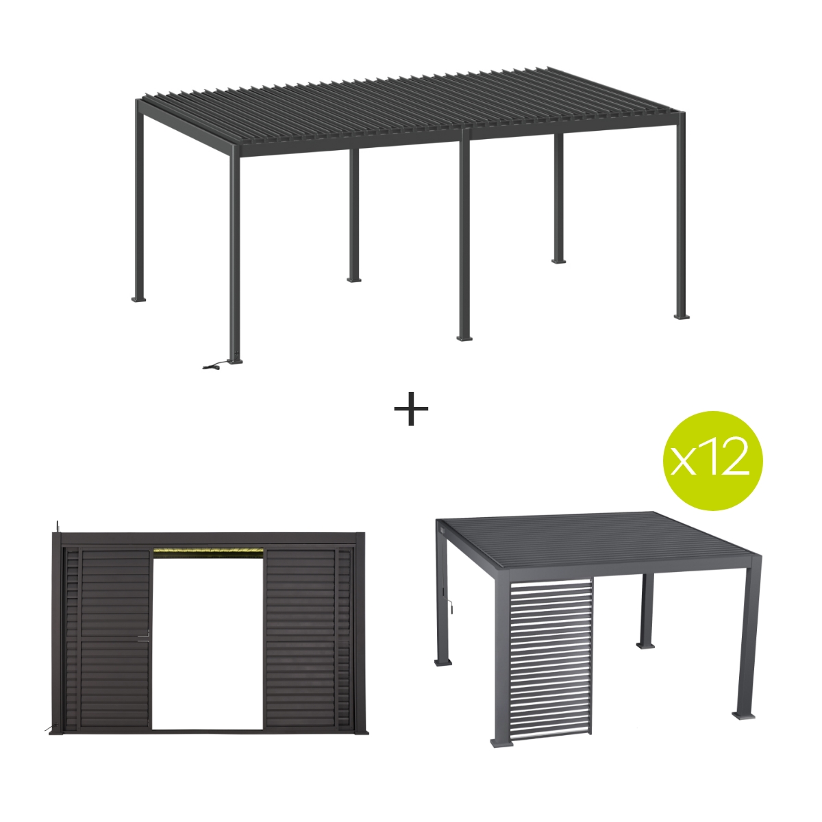 Pergola bioclimatique EVORA électrique Graphite + 12 persiennes fixes 2 coulissantes 6 x 3,6 m - Structure et lames doubles en aluminium Hespéride