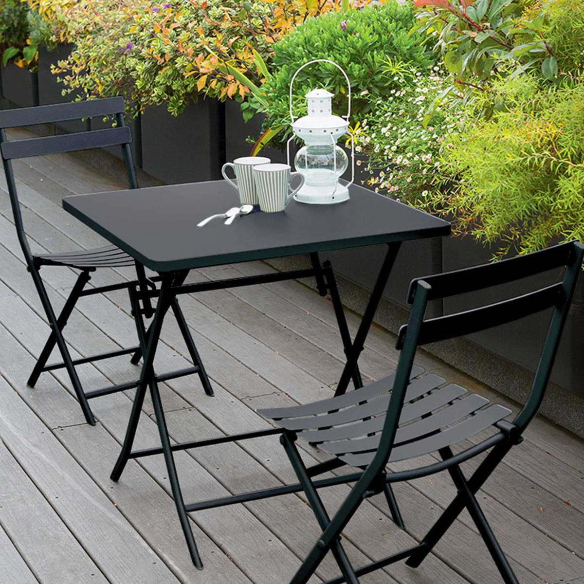 Hespéride Greensboro Graphite Square Folding Garden Table and 2 Chairs Set