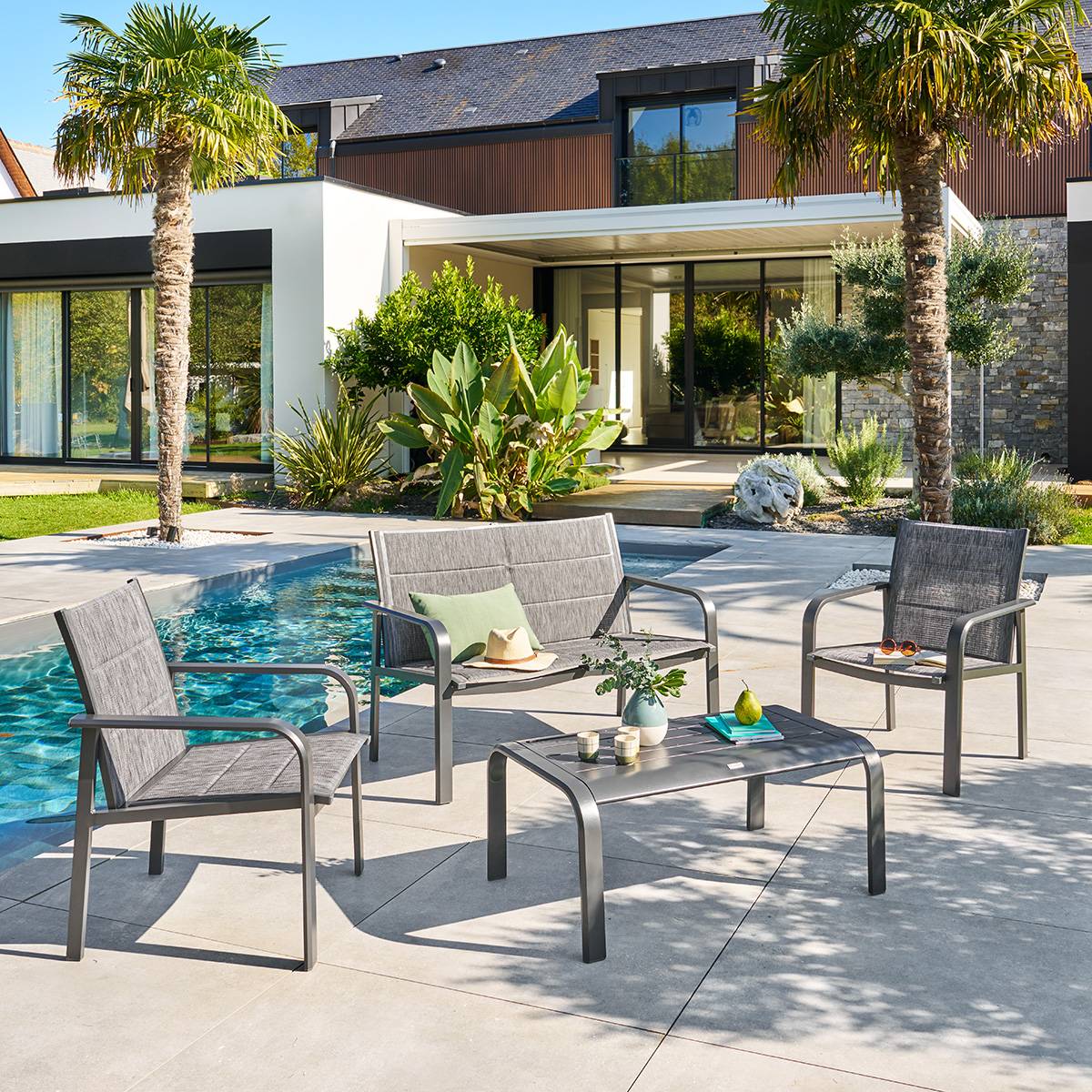 Salon de jardin PIAZZA Graphite 4 places - Aluminium traité époxy, Texaline Hespéride
