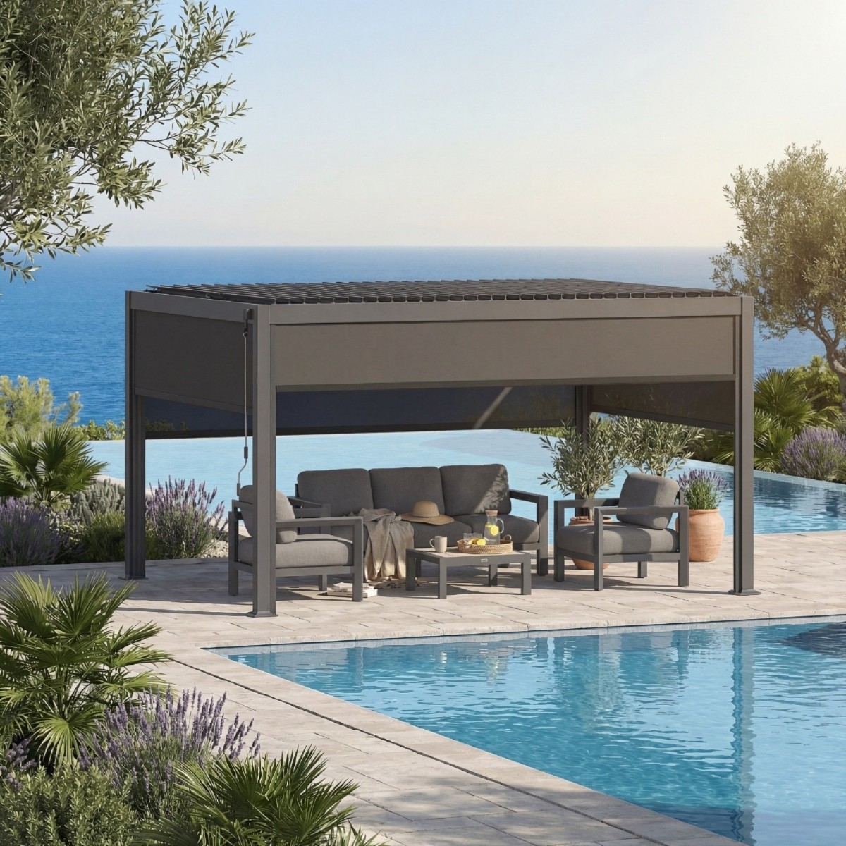 Ensemble pergola bioclimatique EVONIS avec 4 stores x 3 m - Structure en acier inoxydable et aluminium Hespéride