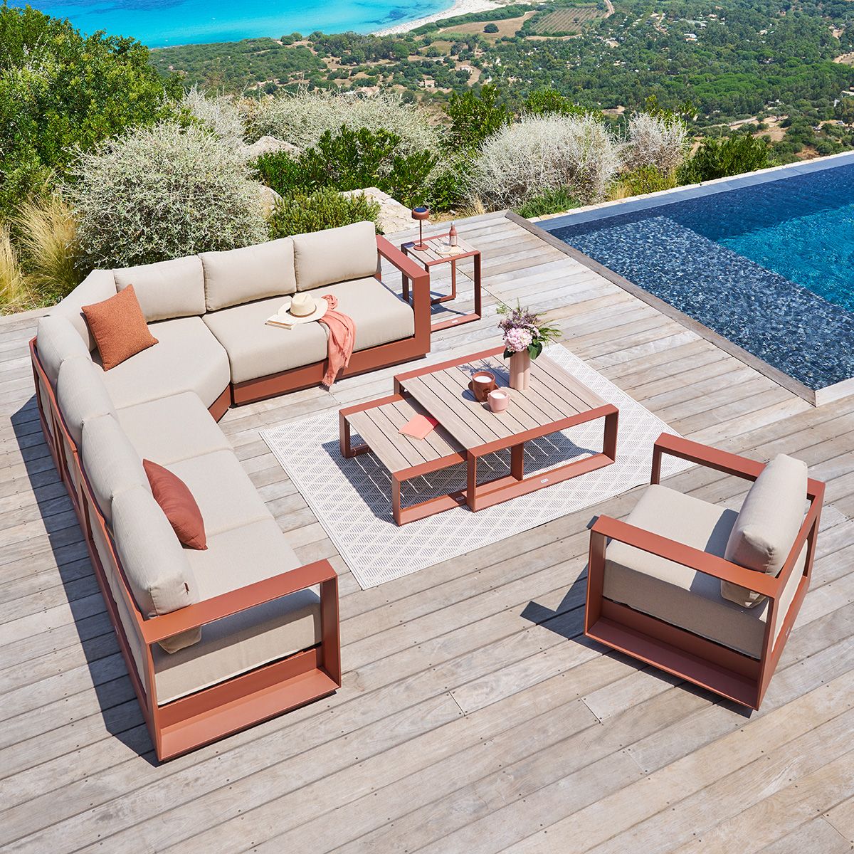 Salon de jardin ALLURE Acajou 7 places - Aluminium traité époxy, Polyester Hespéride