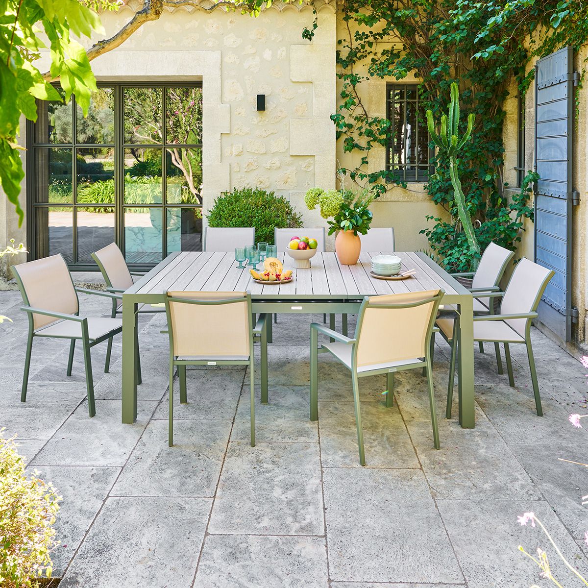 Ensemble table de jardin automatique EVASION + 10 fauteuils ESSENTIA Lin   Laurier places - Aluminium traité époxy Hespéride