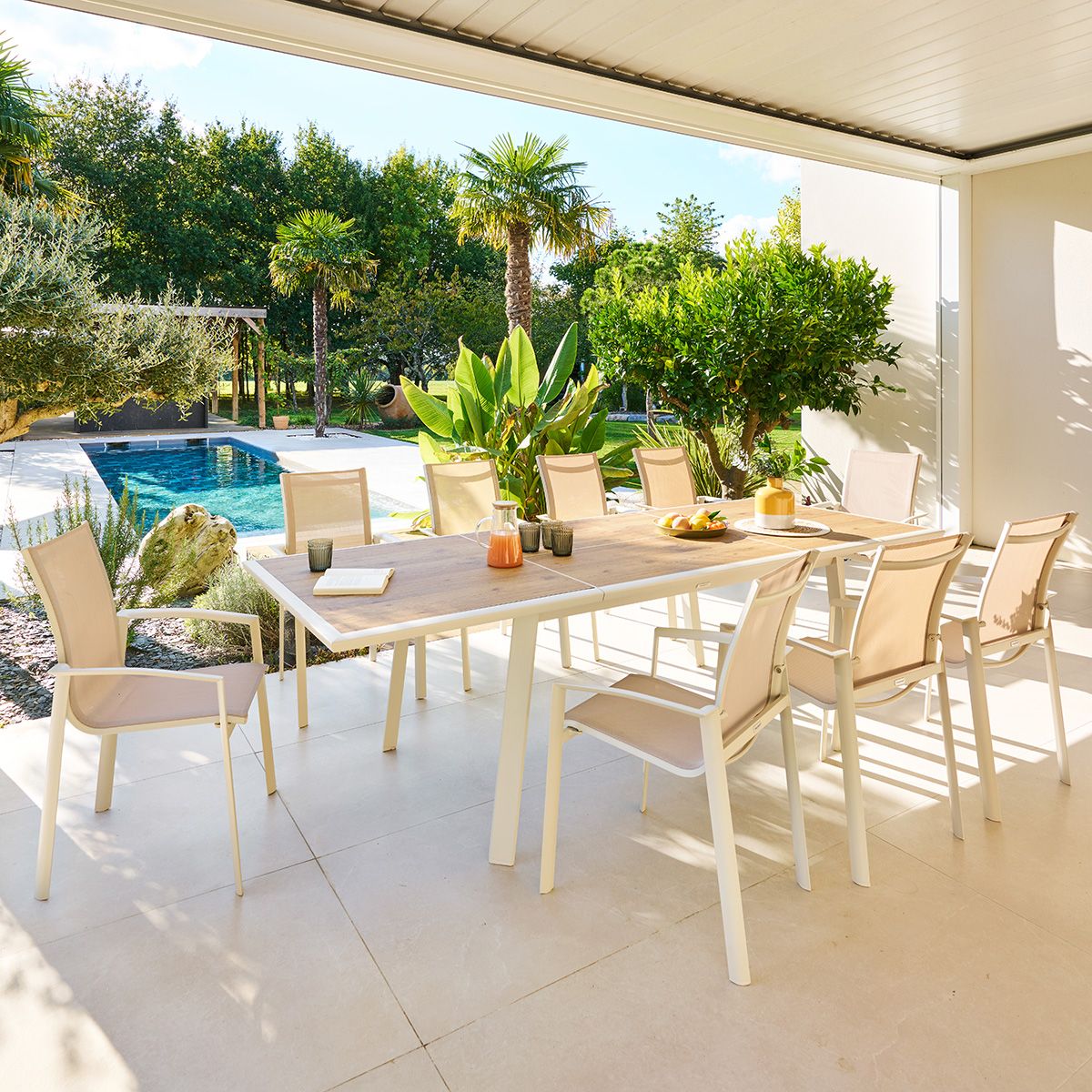 Ensemble table de jardin extensible PAVANE + 10 fauteuils AXANT Malt   Argile places - Aluminium traité époxy, Verre trempé Hespéride