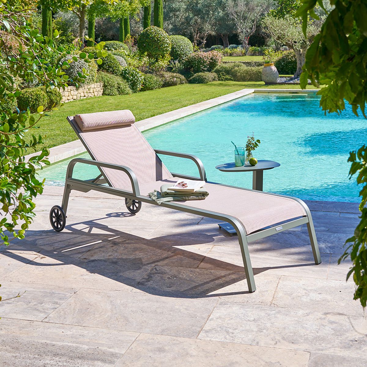 Ensemble transat OSMALA Lin   Laurier + table d’appoint VENUZIA Texaline, Aluminium traité époxy Hespéride
