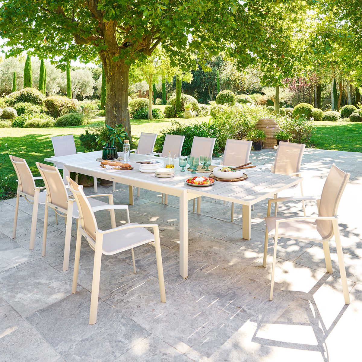 Ensemble table de jardin extensible EVASION + 12 fauteuils AXANT Lin   Argile places - Aluminium traité époxy Hespéride