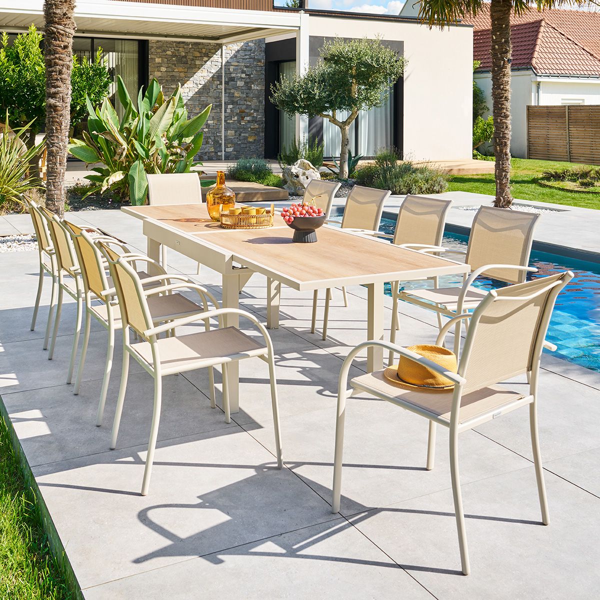 Ensemble table de jardin extensible PIAZZA + 10 fauteuils Épeautre   Argile places - Aluminium traité époxy, Verre trempé Hespéride